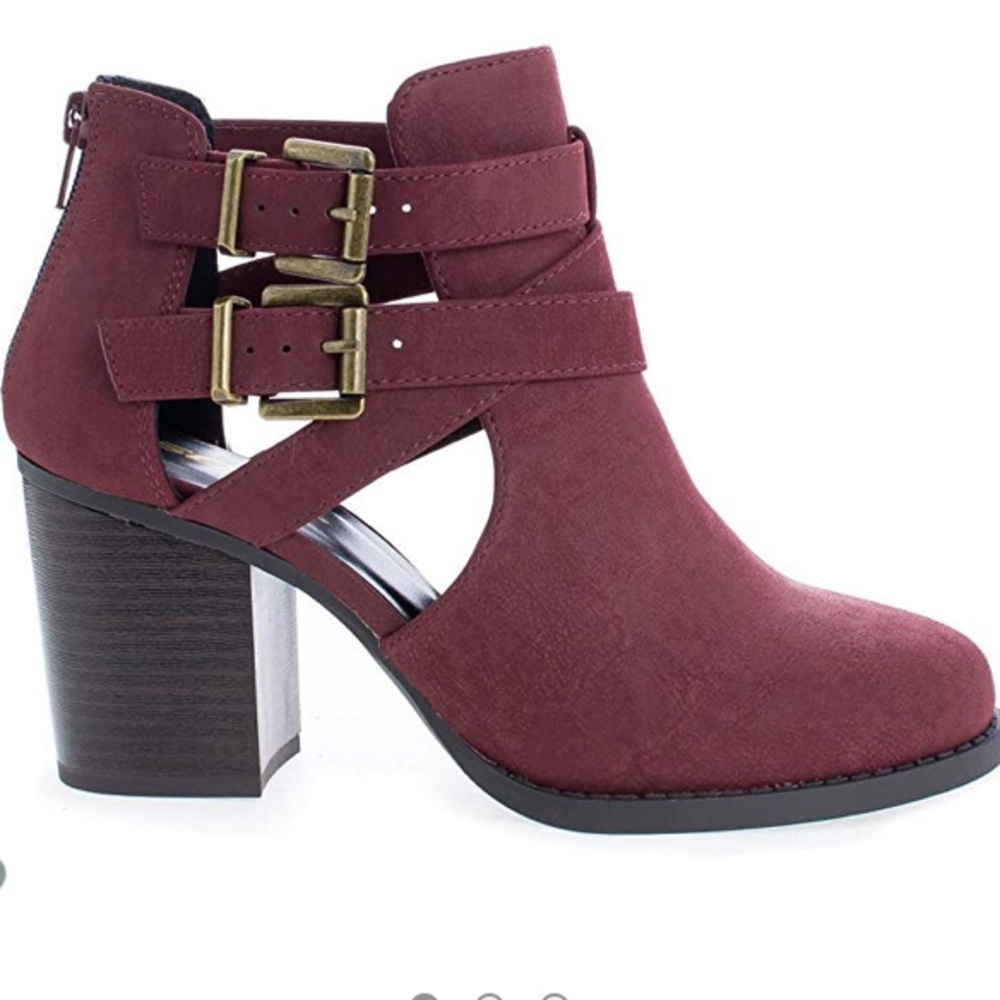 Burgundy Side CutOut Ankle Bootie Block Heel Soda